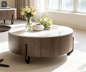Modern Round <b>Coffee</b> <b>Table</b> <b>Set</b> Marble Top Wood Frame Storage Living Room Furniture - Product Image 3