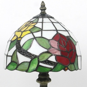 LongHuiJing for Style 8Inch Dome AC LED Adjustable <b>Table</b> <b>Lamp</b> Metal <b>Base</b> Stained Glass Lampshade Green Leaves Red Roses - Product Image 6