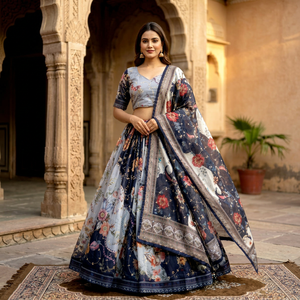 Lehenga Choli Dupatta en soie Tabby imprimé floral de luxe, longueur ras du sol, tenue de mariage indienne traditionnelle, infroissable et à séchage rapide - Product Image 1