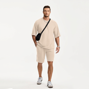 Conjunto de 2 Piezas Unisex de Shorts de Punto Sólido, Cuello Redondo, Manga Corta, Corte Holgado, Transpirable, Ropa Casual de Primavera/Verano, Largo por Encima de la Rodilla - Product Image 1