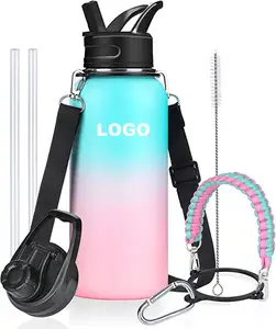 Botol air terisolasi dengan pegangan Paracord & tali & tutup sedotan dapat digunakan kembali vakum mulut lebar botol air Stainless Steel 32oz