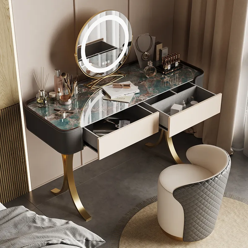 Italian Light Luxury Slate Small Bedroom Dresser with Storage Cabinet modern leather and metal frame Makeup Table