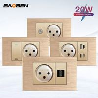 BAOBEN Panneau en aluminium brossé doré, prise murale USB Type C à charge rapide, interrupteur d'éclairage, TV satellite, CAT5, CAT6, norme israélienne