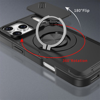 Coque de protection antichoc pour iPhone 17 16 Pro Max 16+ 15+ en TPU+PC avec anneau métallique magnétique rotatif à 360° et fenêtre coulissante