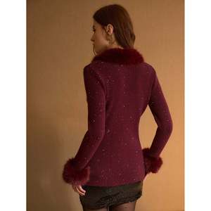 Plush Collar Fitted <b>Cardigan</b> <b>Burgundy</b> <b>Women's</b> <b>Cardigans</b> - Product Image 5