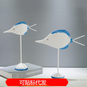 Figurine de poisson bleu et blanc en bois, décoration de bureau moderne, fournitures de bureau, pièce unique - Product Image 5