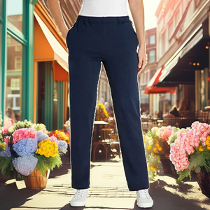 Pantalon en coton bleu marine pour femme, coupe droite, taille mi-haute, fermeture élastique, longueur complète, style décontracté, couleur unie, poches - Product Image 2