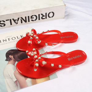 Women Flip-flops Studded Pearls <strong>Bow</strong> <strong>Sandals</strong> Summer Beach Rain Flat Thong Strap Jelly Shoes - Product Image 1