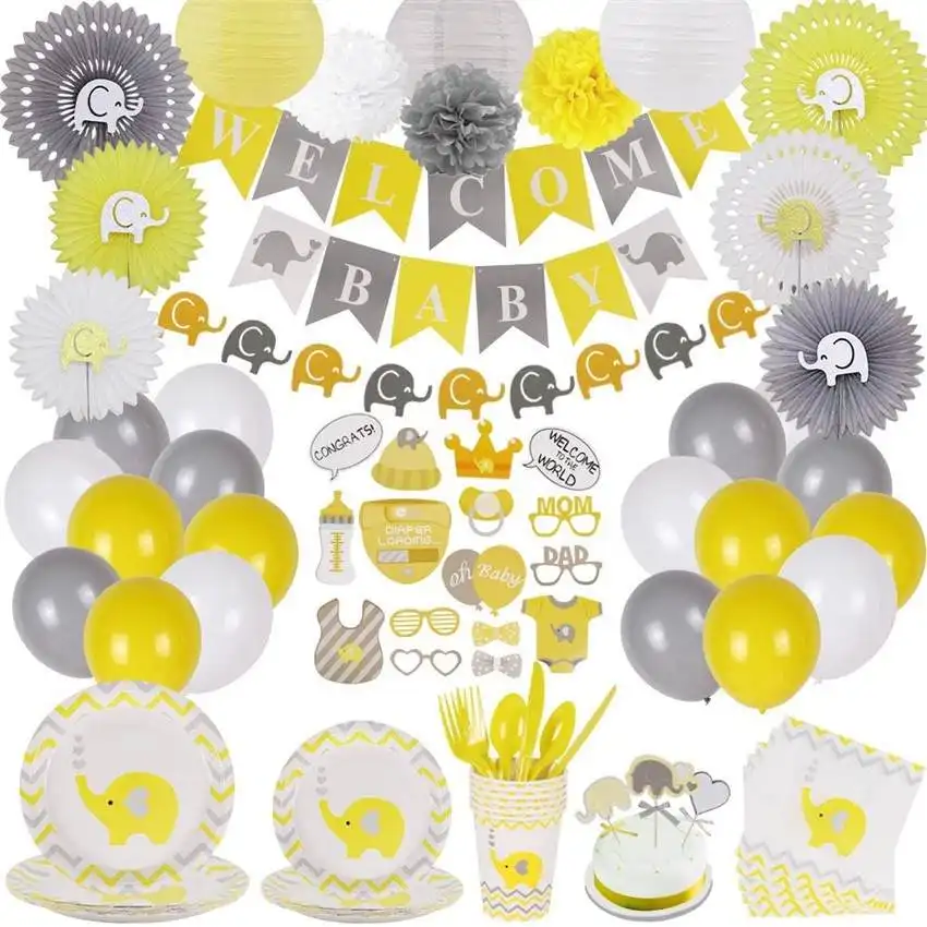 Éléphant thème bannières Fans guirlande ballons assiettes en papier tasses serviettes photo accessoires pour bébé douche fête d'anniversaire décor fournitures