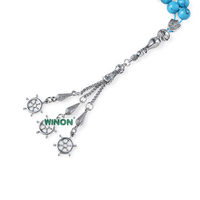 Winon Wholesale - Perles de prière musulmanes unisexes en turquoise bleue de 8 mm et 10 mm avec pompon plaqué argent - Cadeau islamique pour l'Aïd