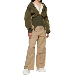 กางเกงขายาวทรงตรงจีบพลีทเอวสูงสำหรับผู้หญิง สีกากี ขากว้าง ผ้าฝ้ายทวิล - Product Image 4