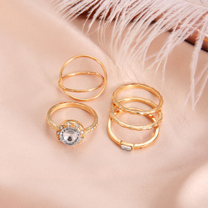 Juego de Anillos de Cristal Dorado de Lujo para Mujer, 5 Piezas, Joyería de Boda, Compromiso, Novia, Zirconia, Piedra Redonda - Product Image 2