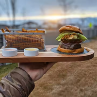 Ensemble de plateaux de service Burger Plateau à fromages en bois de bambou de qualité supérieure avec paniers à frire en acier inoxydable Condiment en porcelaine céramique