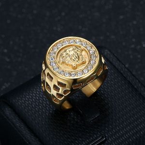 Men's Gold Plated <b>Titanium</b> Steel <b>Ring</b> With Lion Head And Diamond Pave Setting For Hip Hop Fashion Jewelry Gift - Product Image 1