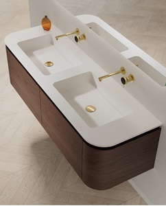 Meuble de salle de bain couleur noyer avec bande lumineuse LED, plan de travail blanc, double vasque, tiroirs muraux - Product Image 2