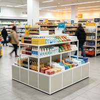 Table de présentation à deux niveaux en métal blanc avec grille, étagère d'îlot de vente au détail multi-compartiments