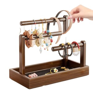 Organisateur de bijoux en bois à 3 niveaux, support de rangement de bureau pour colliers, bracelets, attaches pour cheveux, couleur rétro - Product Image 5