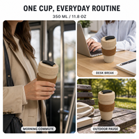 Tasse à café de style japonais JUNVOY 350 ml enveloppée de liège ; Mug en paille de blé biodégradable avec couvercle réutilisable anti-fuite, multi-usages, 126 g