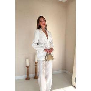 Conjunto de Traje de Satén con Cinturón para Mujer, Color Blanco Hueso, 100% Poliéster, Antiarrugas, Pantalones de Pierna Ancha, Chaqueta, Ropa Formal - Product Image 4