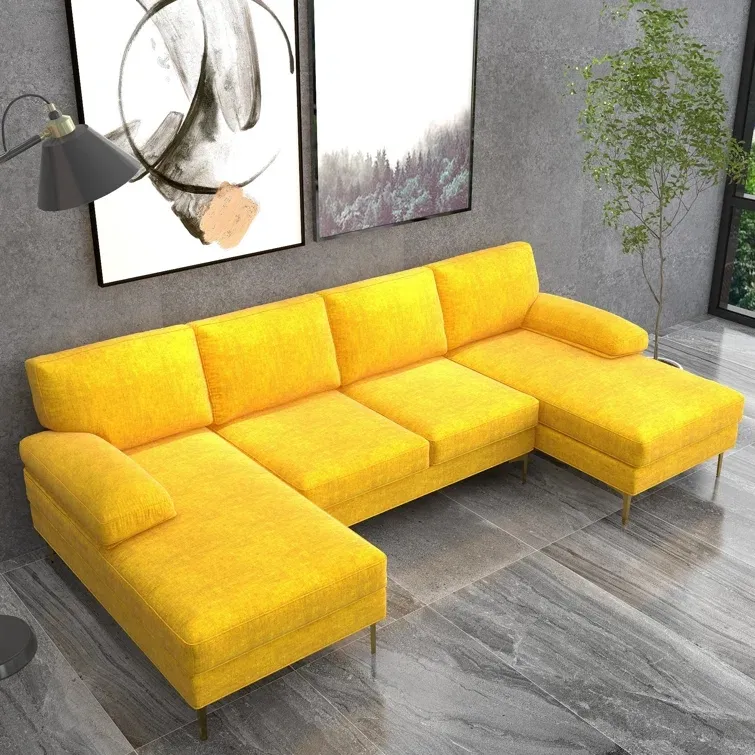 OEM ODM sofa bentuk u chenille kuning kaki baja tergalvanis sofa sudut bagian modern mewah sofa ruang tamu