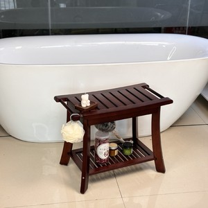 Tabouret de salle de bain en teck Ruoyi 60x30x45cm à double niveau avec étagère de rangement, siège de douche imperméable - Product Image 2