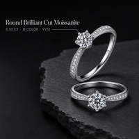 Bague de fiançailles classique en argent sterling 925 avec moissanite diamant solitaire 0,5 ct taille brillant rond D VVS1 et pavé à 6 griffes