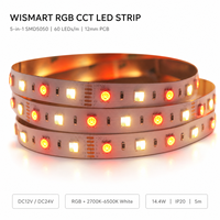 Bande LED WISMART 12V 24V SMD5050 RGB CCT 5 en 1, 60 LED/m, 12 mm, 5 m, 14,4 W, IP20, blanc réglable, éclairage multicolore pour décoration intérieure