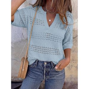 Tops de ganchillo para mujer, cuello en V, suéter holgado de manga corta, para verano y playa - Product Image 5
