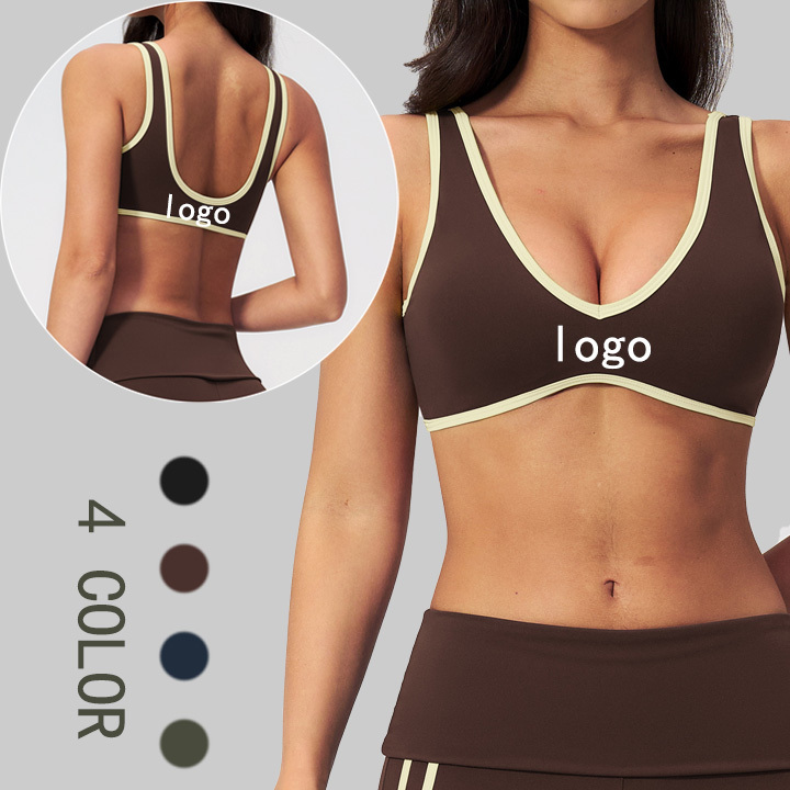Contrast Color Gym Bra for Women High Support Removable Padded U Back Fitness Bra V Neck Backless Sports Bra