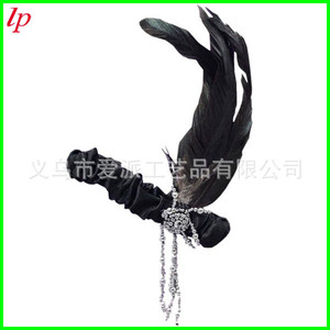 LPP2040 1920s Flapper Feather <b>Headband</b> Beaded Black With Pearl Chain Prom Costume Accessory - Product Image 2