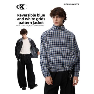 <span class=keywords><strong>Veste</strong></span> <span class=keywords><strong>Harrington</strong></span> réversible à carreaux et unie 11KN, col montant, fermeture éclair, manteau décontracté, vêtement d'extérieur personnalisé à porter des deux côtés, vente en gros d'usine - Product Image 1