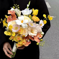Buket Pengantin Buatan Warna-warni Kustom, Bunga Mawar Sutra Sentuhan Asli dan Peony untuk Pengantin, Pengiring Pengantin, dan Dekorasi Meja