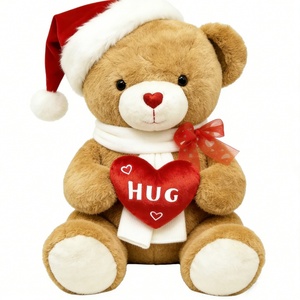 Ours en peluche brun personnalisé avec bonnet de Noël, écharpe en tricot blanc, cœur rouge brodé HUG, animal en peluche assis - Product Image 3