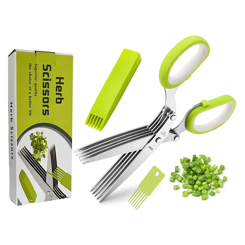 Stainless Steel 5 Blade Kitchen Scissors Multipurpose Cutting Shears Herb Scissors with Safety Cover and Cleaning Comb