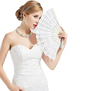 Folding Hand Fan Elegant Cotton Handmade Vintage Retro Fan Womens White Lace Fan For Wedding Ballet