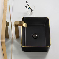 Lavabo de salle de bains en porcelaine moderne, vaisselle sanitaire, lavabo de salle de bains en céramique noir et or mat, lavabo artistique en or