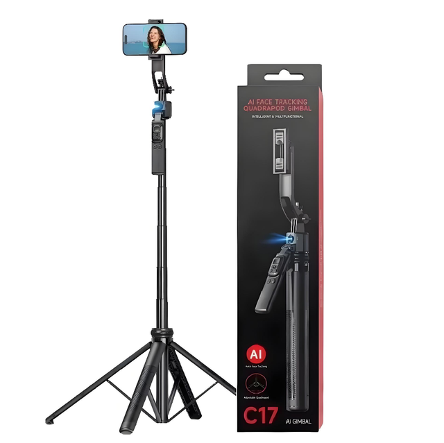 C17 Ai Face Tracking 64in 1.63M Gimbal Selfie Stick 360° Adjustable Detachable Quadrupod TikTok Streaming Stainless Steel Tripod