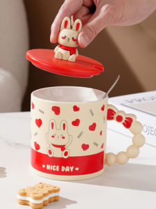 Tasse en céramique personnalisée de 14 oz avec motif lapin mignon, style japonais, avec cuillère et couvercle – Vente chaude - Product Image 5