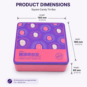 Square <b>Metal</b> Tin With Purple Pink Candy Pattern Print Custom Empty Tin For Confectionery Snack Food Gift Storage <b>Packaging</b> - Product Image 2