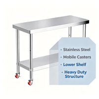 Table de préparation double couche robuste pour cuisine commerciale avec roulettes pour restaurant, hôtel, boulangerie, table de travail en acier inoxydable