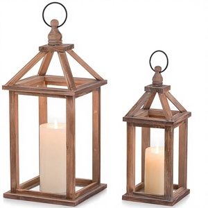 Farmhouse Wood Candle <strong>Lantern</strong> <strong>Set</strong> 12" 16" Rustic Design for Home Decor Wedding Centerpieces Indoor/Outdoor Fireplace - Product Image 1