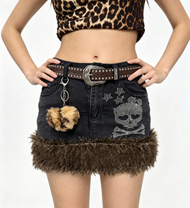Women Black Denim Mini <strong>Skirt</strong> Rhinestone Skull Pattern Fuzzy <strong>Fur</strong> Hem Low Waist Y2K Grunge Jean Micro <strong>Skirt</strong> - Product Image 3