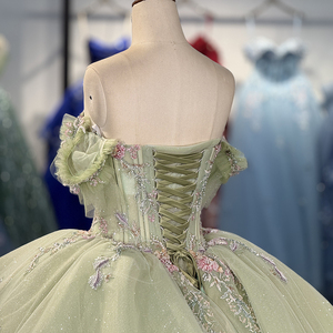 Robe de bal longue vert sauge avec appliques de sequins et taille naturelle Dy6921 - Product Image 2