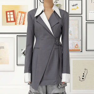 Blazer Túnica Casual para Mujer TWOTWINSTYLE, Diseño Sólido con Bloques de Color, Cinturón, Método de Tejido Entrelazado - Product Image 3