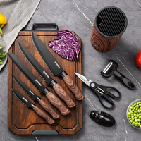 Ensemble de 9 couteaux de cuisine avec bloc, couteau de chef, couteau à pain, couteau utilitaire, éplucheur et ciseaux de cuisine pour la cuisine à domicile, revêtement antiadhésif