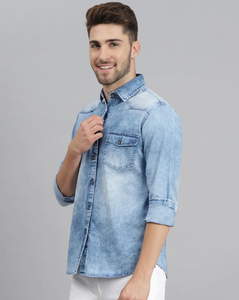 2022 Top Vente Nouveaux Designs 2 Poches Lavé Bleu Denim Chemises À Manches Longues Nouveaux Looks Hommes Denim À Manches Longues Chemises Lavées - Product Image 3