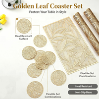 Ensemble de chemin de table et de dessous-de-plat en PVC découpé avec feuilles d'or luxueuses |   Tapis de table décoratif antidérapant |   Fête à domicile, hôtel, mariage