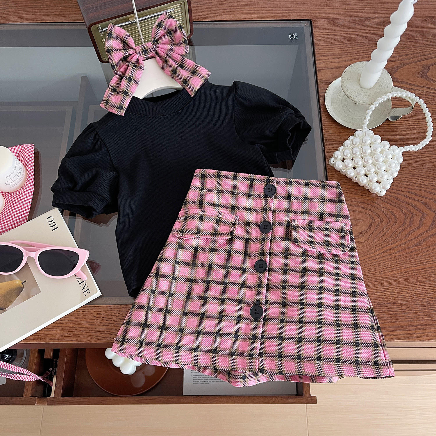 Korean Skirt Light Pink Plaid Skirt Korean Fashion High Waist - Main Image