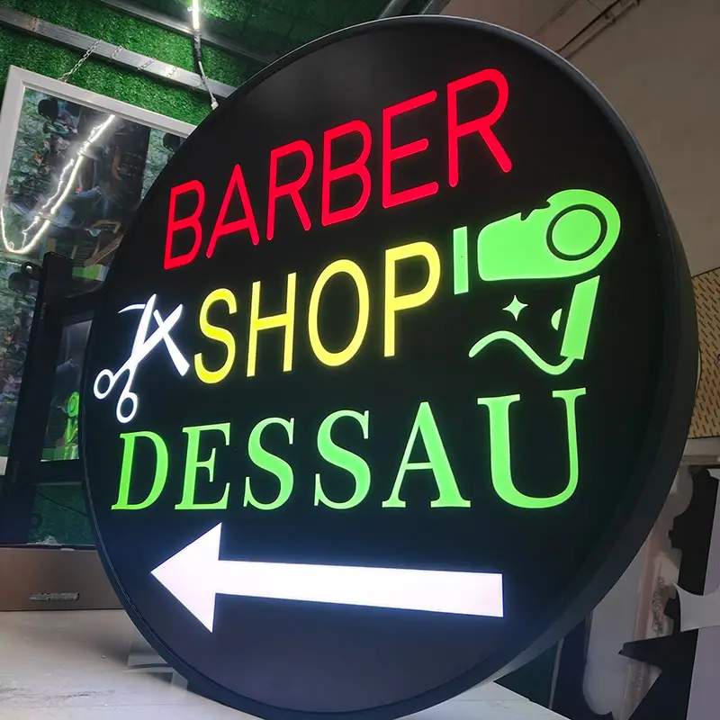 Custom Metal Sign For Barber Shop Marketing Advertising Led Round Light Box Outdoor Sign Board For Shop