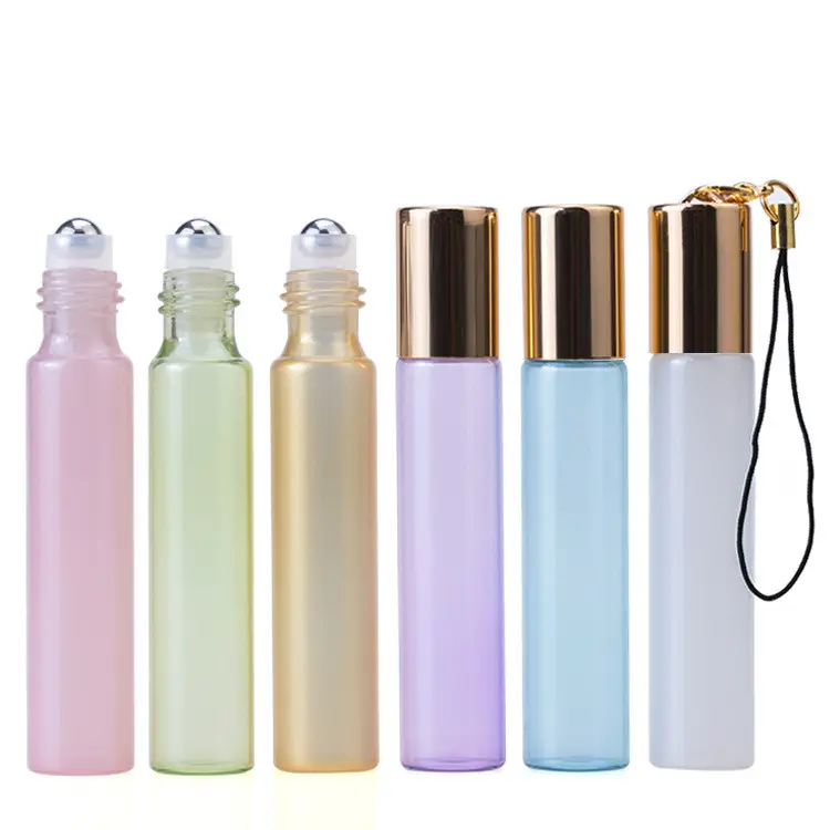 Empty portable Thick Vial key chain 3ml 5ml 10ml pearl Essential Oil Perfume roll on glass bottle with lanyard gold silver cap